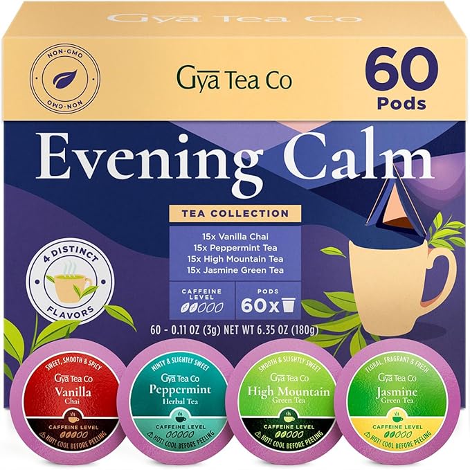 Gya Tea Co Evening Calm Tea Gift Set (60 ct) - Assorted Tea Pod Variety Pack with Vanilla Chai