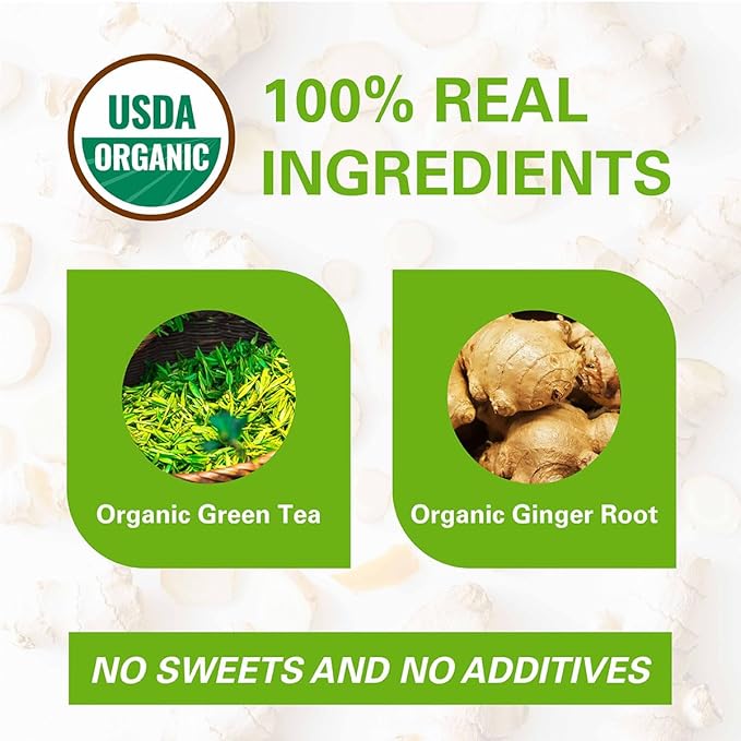 WT WEETEE Organic Ginger Green Tea Bags, Made of Green Tea with Ginger Roots, 100 Warm & Refreshing