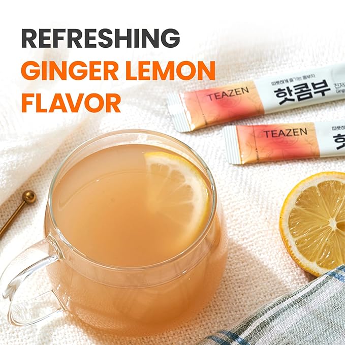 TEAZEN Lemon Ginger Hot Kombucha Tea, Live Probiotics & Postbiotics, Relaxation and Warmth for