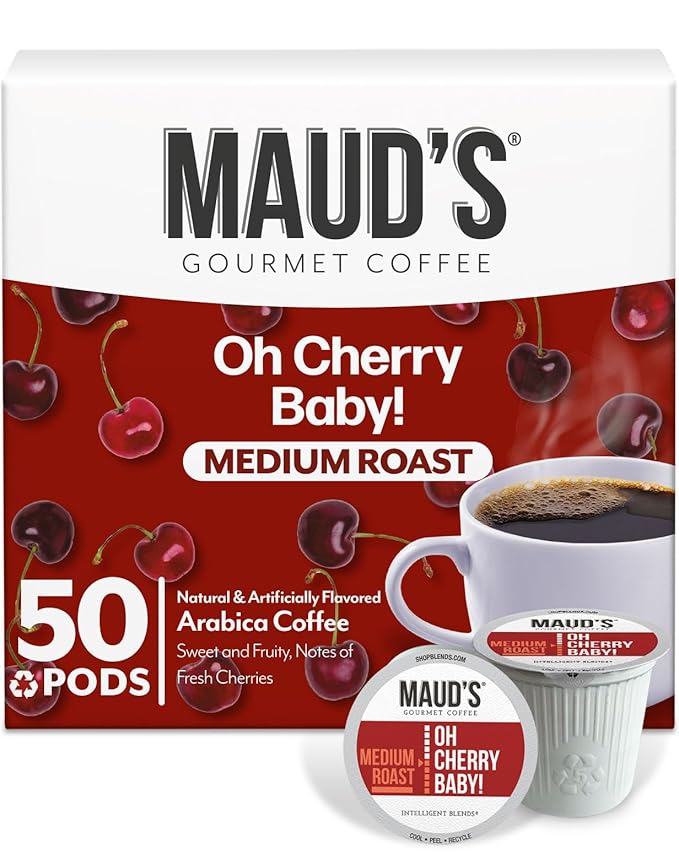 Maud's Cherry Flavored Coffee Pods, 50 ct, Medium Roast Flavored Coffee in Recyclable Single Serve