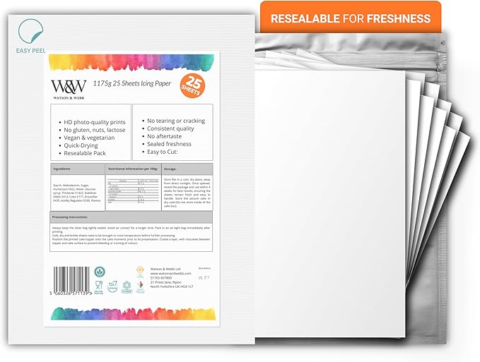 Watson & Webb Edible Frosting Sheets 8.5" x 11" – 25 Count Printable Icing Paper for Cakes &