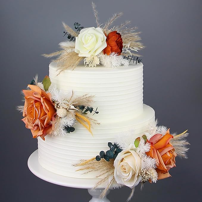 Rinlong 3-Piece Boho Chic Cake Toppers: Terracotta & Beige Silk & Dried Eucalyptus Flowers for