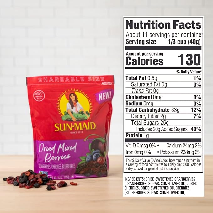 Sun-Maid Dried Mixed Berries - 15 oz Resealable Bag - Dried Cranberries, Cherries, Blueberries