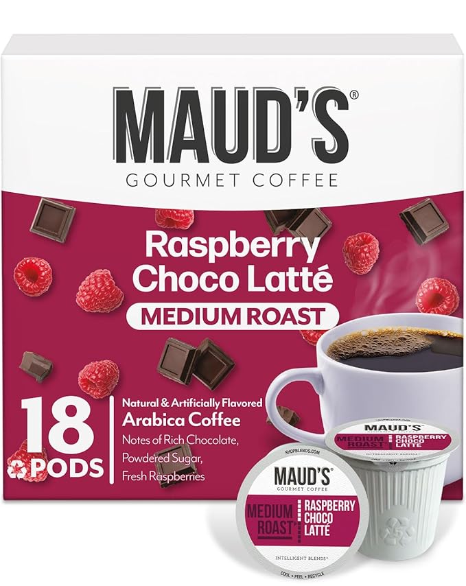 Maud's Raspberry Chocolate Flavored Coffee Pods, 18 ct, Medium Roast Flavored Coffee in Recyclable