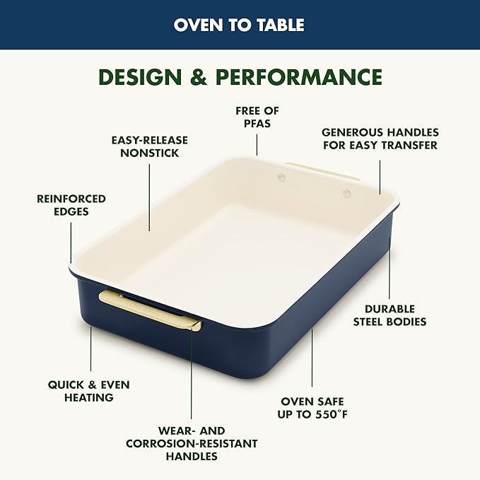 GreenPan Bakeware Rectangular Cake Pan, Ceramic Nonstick Baking Pan, PFAS & BPA Free, Gold Handles