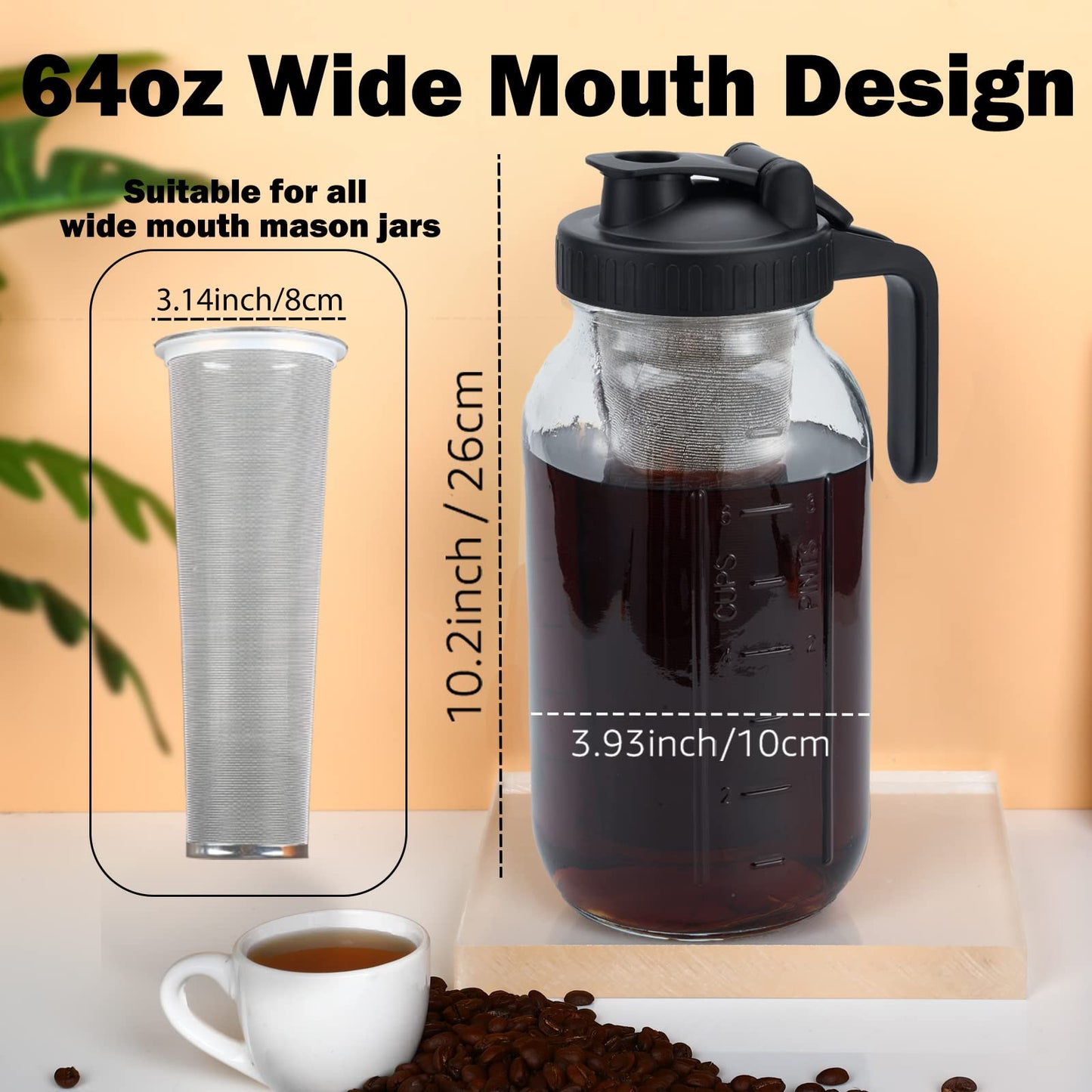 Cold Brew Mason Coffee Maker - 64oz Iced Coffee Pitcher with Stainless Steel Mixing Spoon & Super