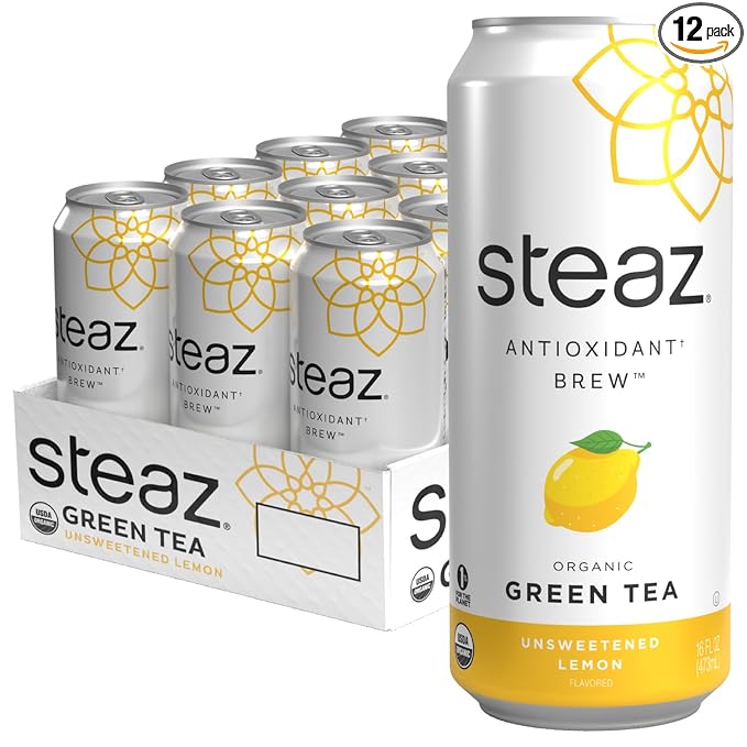 Steaz - Organic Green Tea - Unsweetened Lemon (12 Pack) - Antioxidant Brew - 65mg Natural Caffeine