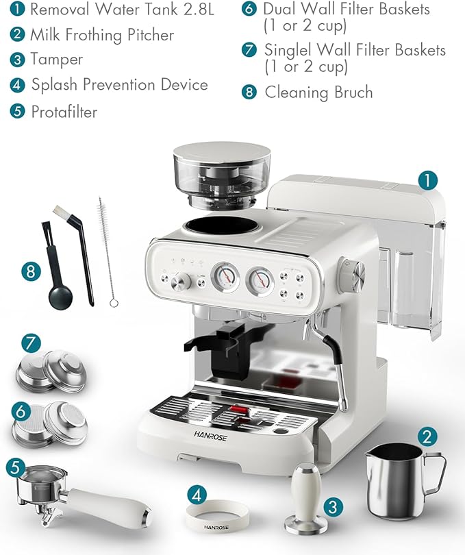 Espresso Machine With Grinder, 20 Bar Espresso Machine with Milk Frother Steam Wand, Espresso