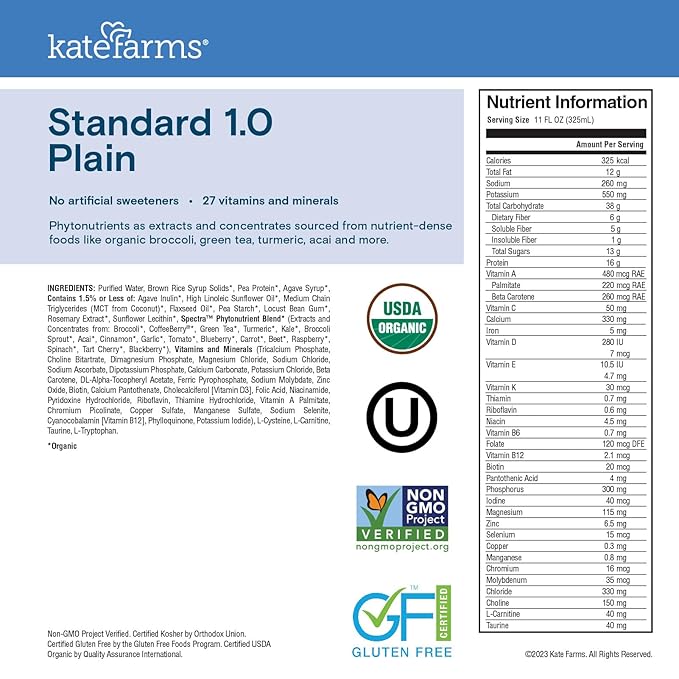 KATE FARMS Organic 1.0 Sole-Source Nutrition Shake, Plain, 16g Protein, 27 Vitamins and Minerals