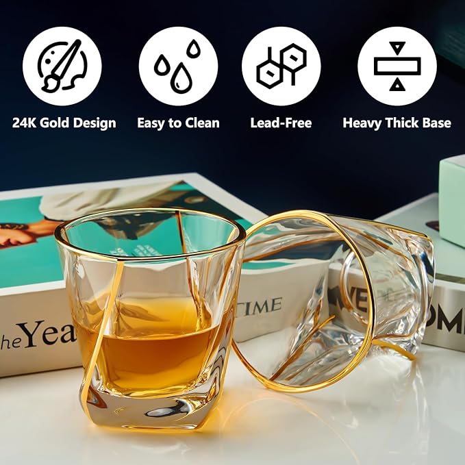 Crystal Whiskey Glasses Set of 2 with 24K Gold Rim,Bar Glasses,Twisted Whiskey Glass Gold