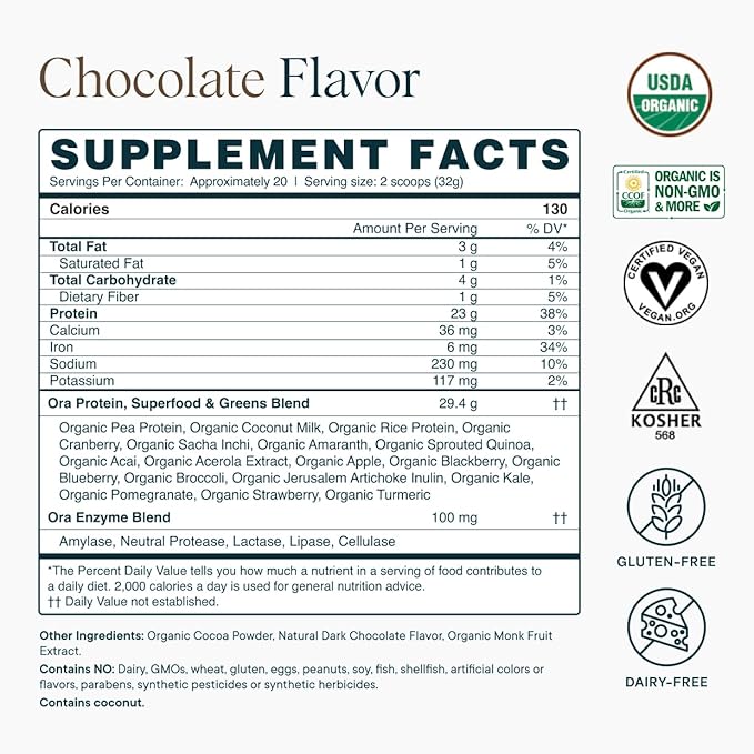Ora Organic Vegan Protein Powder - 23g Plant Protein for Women and Men - Chocolate Flavor 20