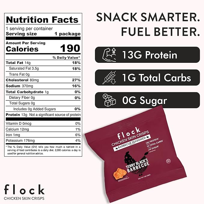 Flock Keto Chicken Skin Chips | Terry Black's BBQ Flavor | Low Carb, High Protein, Sugar Free