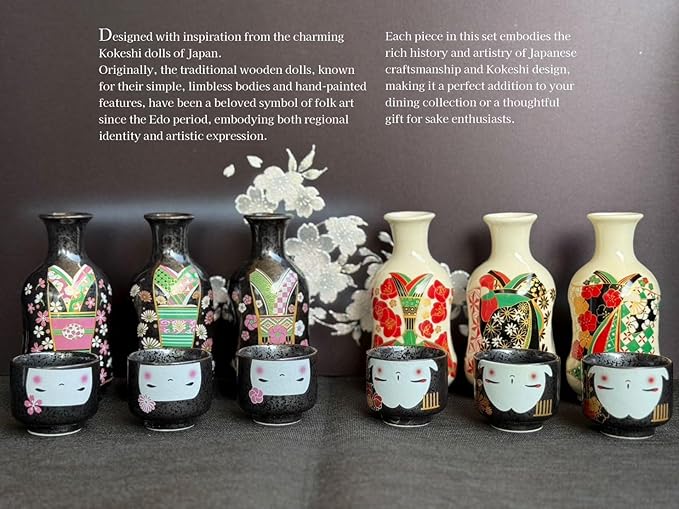 Japanese Traditional Kokeshi Design Sake Wine Soju Ceramic Set with 1 Ochoko Cup and 1 Tokkuri