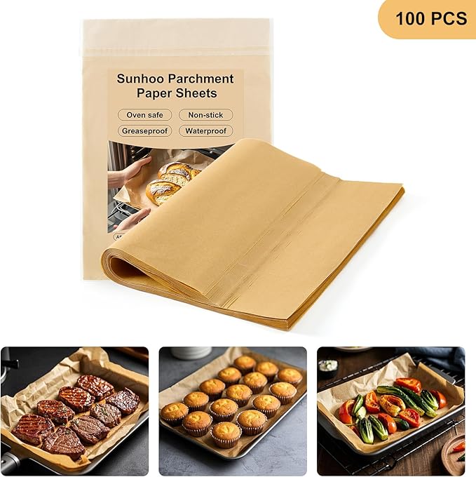 Sunhoo 100 PCS 9 x13" Parchment Paper Sheets for Baking Wrapping Paper Unbleached Air Fryer Oven