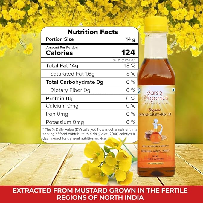 Darsa Organics Cold-Pressed Mustard Oil 16.9 oz (500ml) ??USDA Organic, Unrefined & Chemical-Free