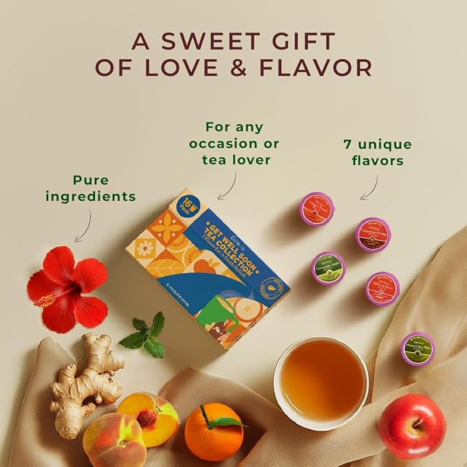 Gya Tea Co Get Well Soon Collection Tea Gift Set (16 ct) - 7 Flavors Assorted Tea Pod Variety Pack