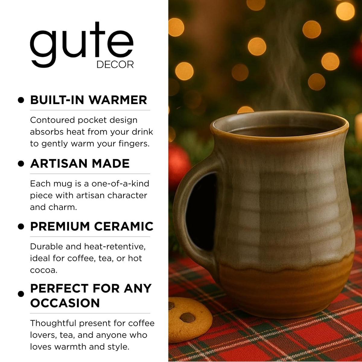 Hand Warmer Mug, Handmade Pottery Ceramic and Hand Painted - The Contoured Pocket will Hold Warmth