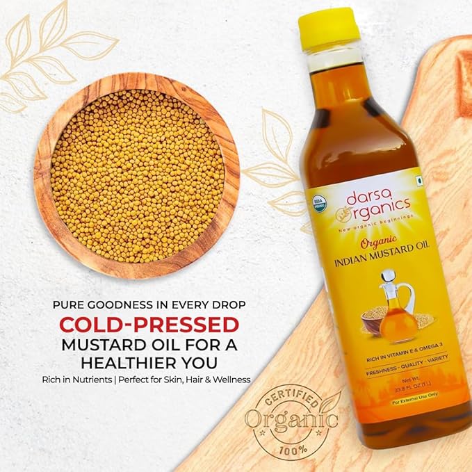 Darsa Organics Cold-Pressed Mustard Oil 33.8 oz (1000ml) ??USDA Organic, Unrefined & Chemical-Free