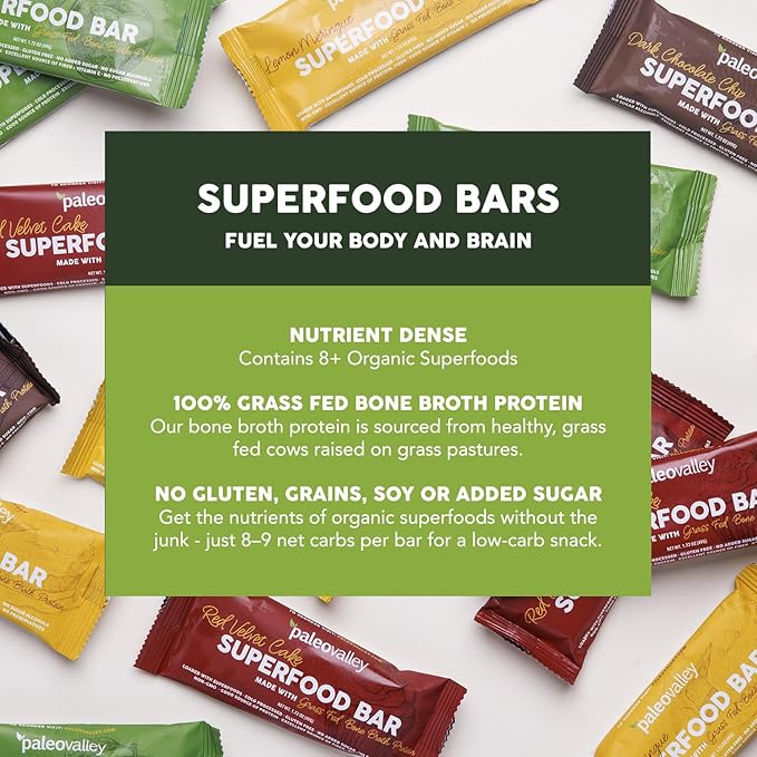 Paleovalley Superfood Bars – Apple Cinnamon– 12 Pack – 9g Protein per Bar – Gluten-Free