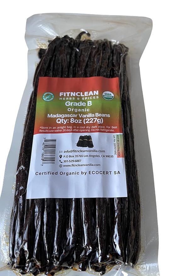 8oz Organic Madagascar Vanilla Beans Grade B for Extract. Certified USDA Organic. 5"-7" by