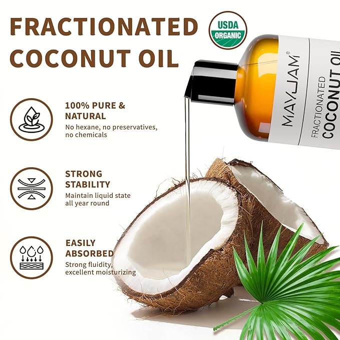 Organic Fractionated Coconut Oils Liquid 16oz, 100% Pure & Natural USDA Certified Cold Pressed