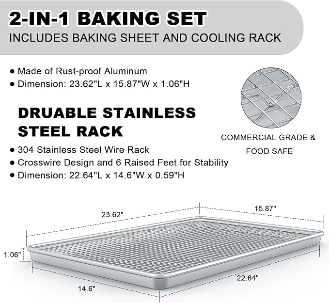 24 Inch Baking Sheet Pans with Rack Set, Natural Aluminum Cookie Sheet, Extra Large Commercial