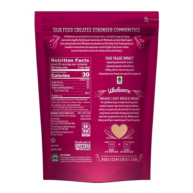 Wholesome Sweeteners 24-Ounce Organic Light Brown Sugar, Fair Trade, Non GMO, Gluten Free & Vegan