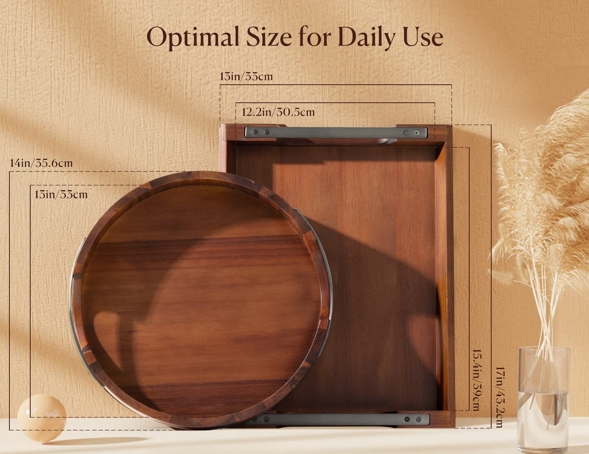 DOFIRA Acacia Wood Serving Tray with Metal Handle, 17x13in Tray for Ottoman