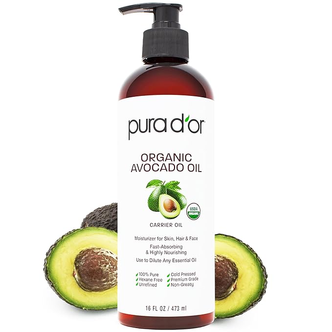 PURA D'OR 16 Oz ORGANIC Avocado Oil - 100% Pure & Natural USDA Certified Cold Pressed Carrier Oil