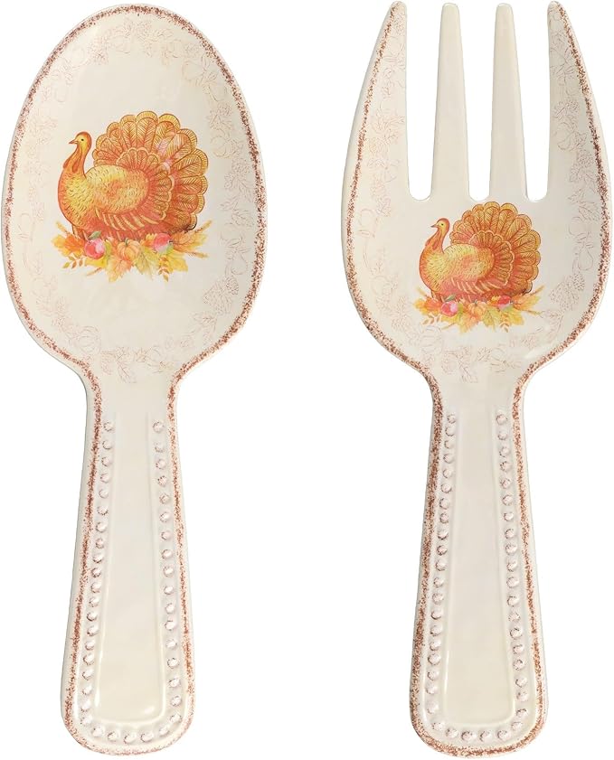 UPware Glitter Turkey Melamine Salad Servers, Serving Utensil Set, Includes Serving Fork and Spoon