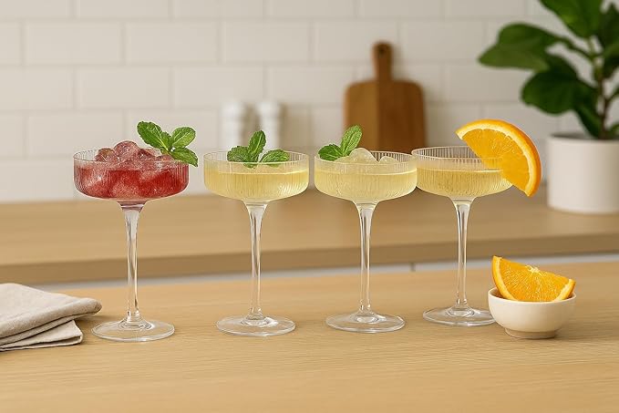 Khen Crystal Glass Ribbed Vintage Art Deco Coupe - 8oz. Set of 12 Crystal Glasses - Weddings &