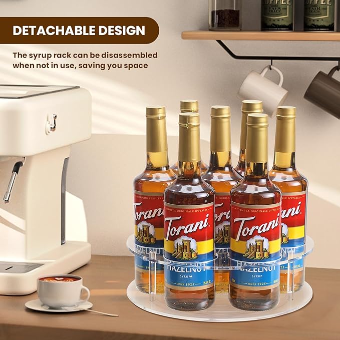 IEEK Large Rotating Coffee Syrup Organizer 7 Bottles Clear Acrylic Coffee Syrup Rack for Countertop