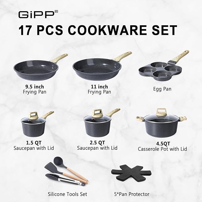 GiPP Ceramic Pots and Pans Set Non Stick - 17 Pcs Nonstick Cookware Set, Non-toxic Healthy Kitchen