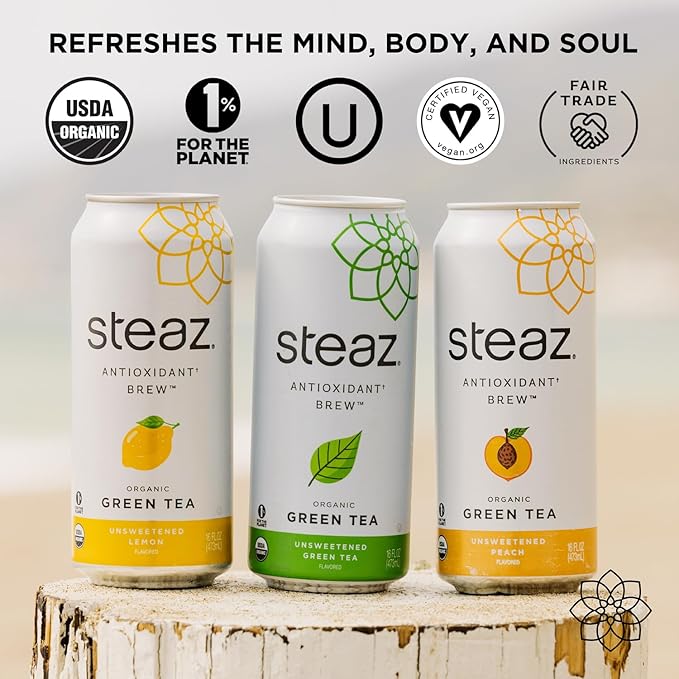 Steaz - Organic Green Tea - Unsweetened Lemon (12 Pack) - Antioxidant Brew - 65mg Natural Caffeine