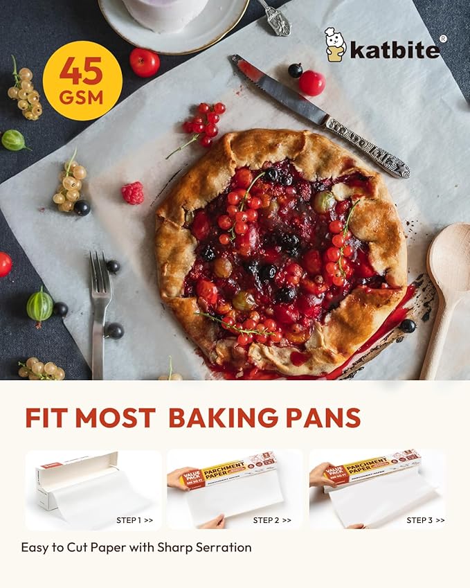 Katbite 2 Pack 15in x 242ft Parchment Paper Roll, 300 Sq. Ft Non-stick Baking Paper with Serrated