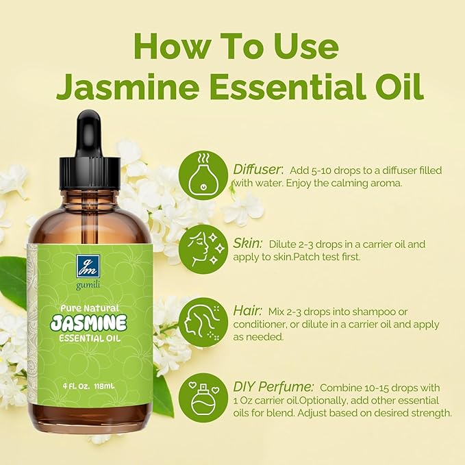 Jasmine Essential Oil 4 Oz, 100% Pure Jasmine Oil for Diffuser, Skin, Hair, Body & Face, Perfume