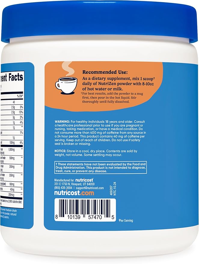 Nutricost Nutrizen AM Focus Adaptogenic Mushroom Drink (Cafe Latte Flavored) 30 Servings - Includes