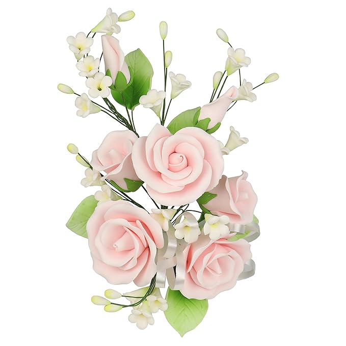 O'Creme Gumpaste Edible Flower Spray for Cake Decorating, Pastel Pink Garden Rose Sugar Paste