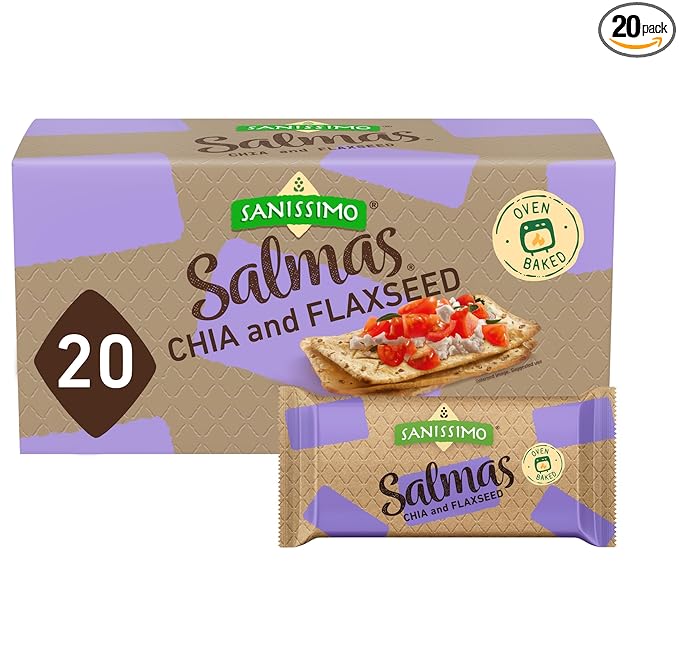 Sanissimo Salmas Chia & Flaxseed, 20 Packs of 3 Crackers, Oven Baked Corn Crackers, Gluten Free