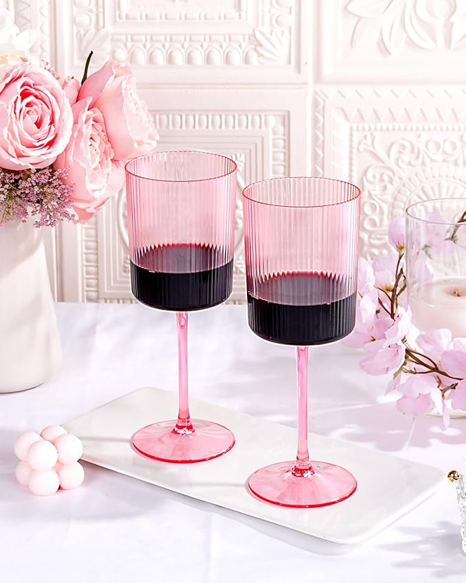 Ciaell 12 PCS Pink Plastic Ribbed Wine Glasses - 10 OZ Plastic Square Wine Glasses with Stem