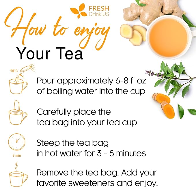 FreshDrinkUS, Premium 135 Tulsi Turmeric Ginger Tea Bags, 100% Natural & Pure from Tulsi Holy Basil