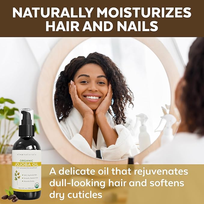 Viva Naturals Organic Jojoba Oil - Pure Cold-Pressed for Skin and Hair, USDA Certified Face