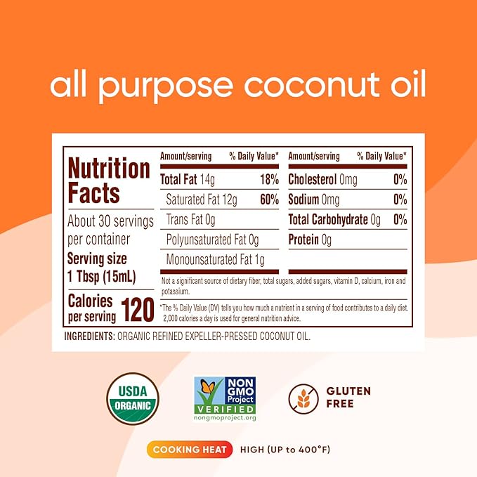 Nutiva Organic Steam-Refined Coconut Oil, 15 Fl Oz, USDA Organic, Non-GMO, Vegan, Keto, Paleo