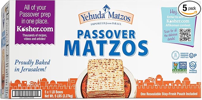 Yehuda Freshly Baked Passover Matzo, 1 LB (5 Pack) | Bonus 1 Resealable Stay Fresh Pouch | Super