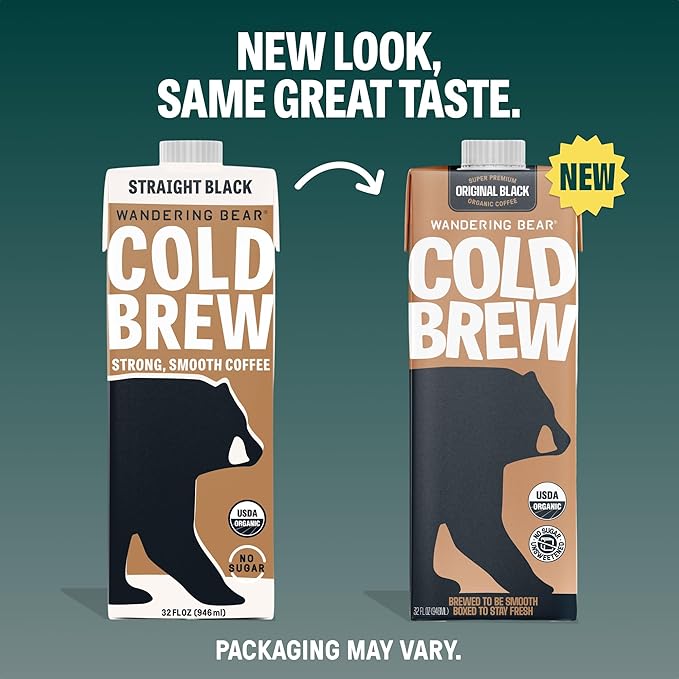 Wandering Bear Straight Black Organic Cold Brew Coffee, 32 fl oz, 6 pack - Extra Strong, Bold