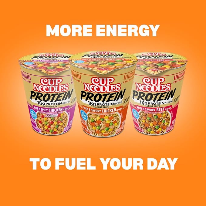 Nissin Cup Noodles Protein Ramen, Chicken Flavor with Bone Broth, 16g Protein, 2.54 Ounce Cup (Pack