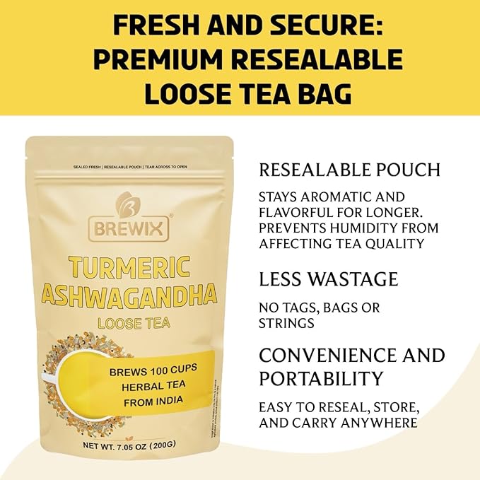 BREWIX, Turmeric Ashwagandha Herbal Tea Loose Leaf (100+ Cups, 7.05oz/200g) Real Ingredients From