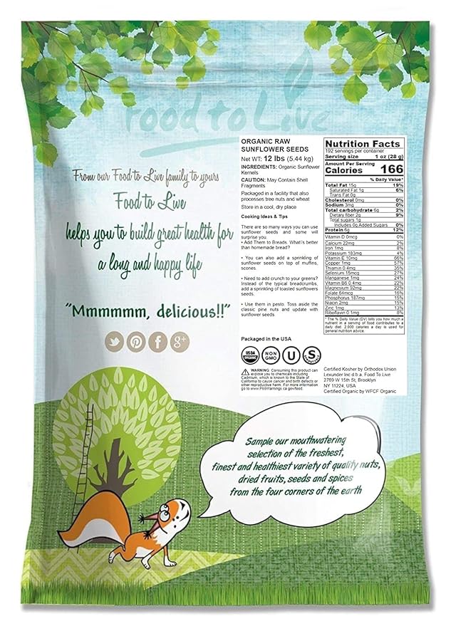 Food to Live - Organic Sunflower Seeds, 12 Pounds - Hulled, Raw, Non-GMO, Dried Kernels, Unsalted