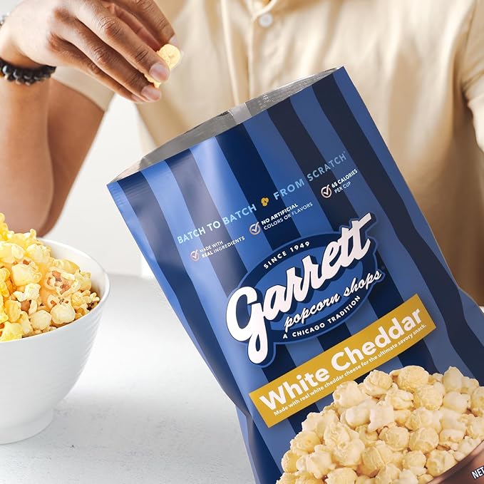 Garrett Popcorn White Cheddar, 5.0oz, 4 Bags, White Cheddar Gourmet Popcorn, Gluten Free, Savory