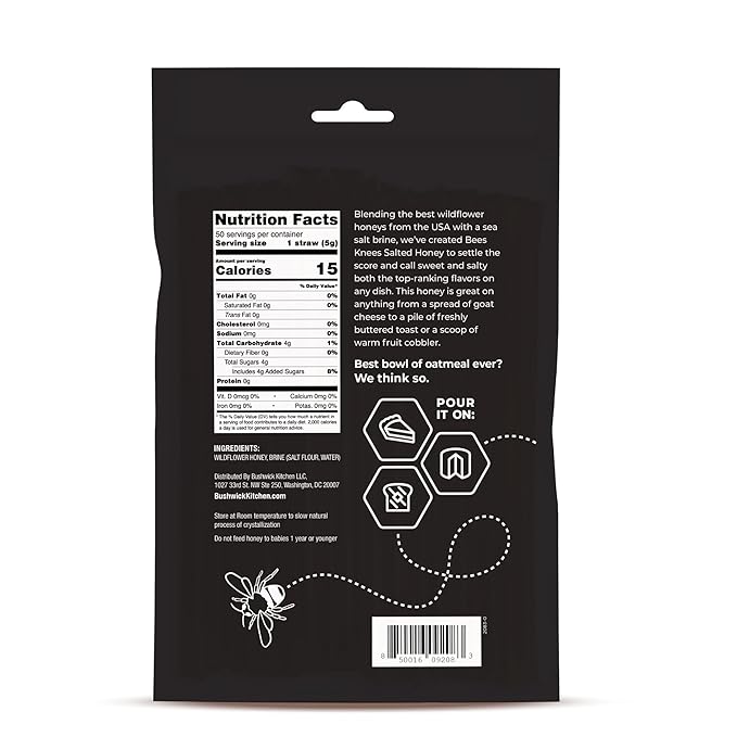 Bees Knees Salted Honey Sticks, 50 Sticks, 1 tsp Each, Wildflower Honey Straws Blended with Sea
